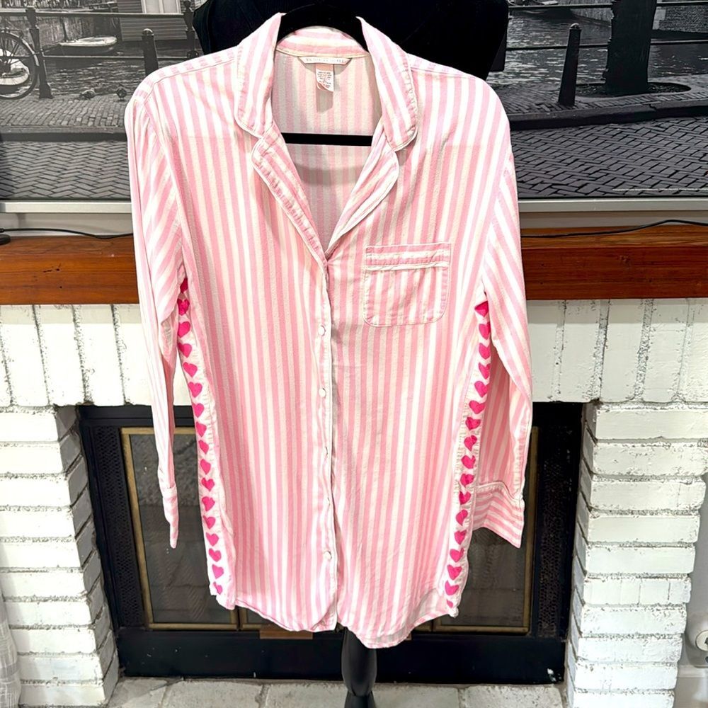 Victoria's Secret Pink White Stripe Loungwear long-sleeve shirt pijama hearts XS